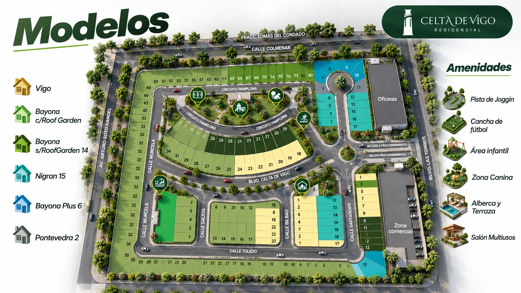 Masterplan 3D de Celta de Vigo Residencial con modelos y amenidades